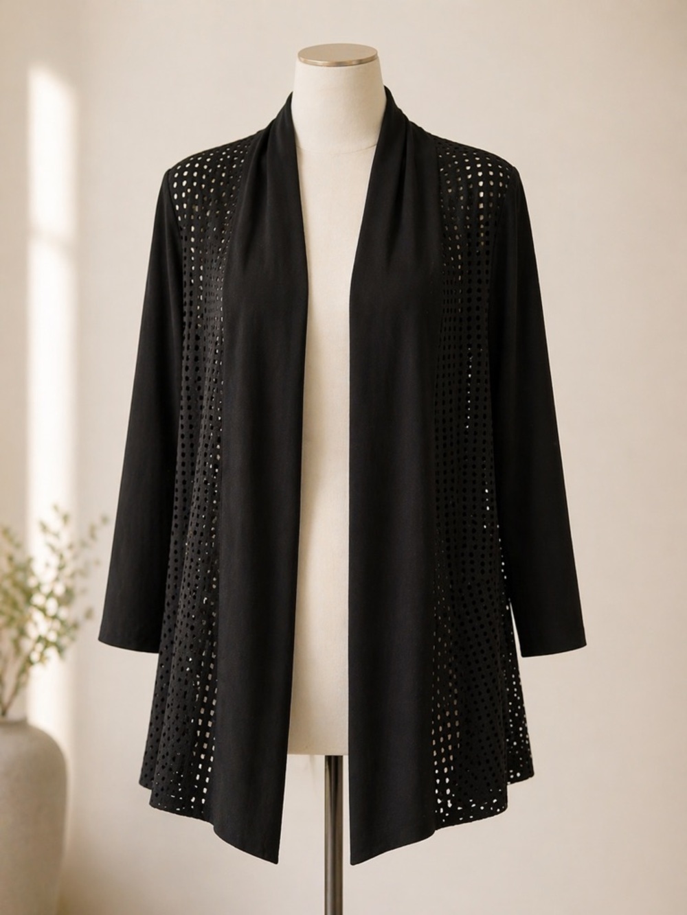 Frank Lyman Design Black Laser-Cut Open Cardigan